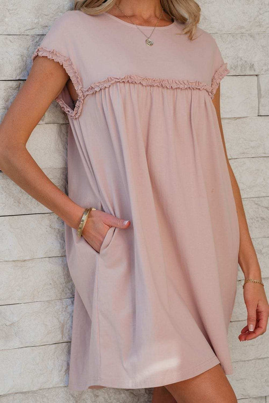 Frilled Trim Crew Neck Cap Sleeve Loose Fit Mini Dress - Trendsi - Flyclothing LLC