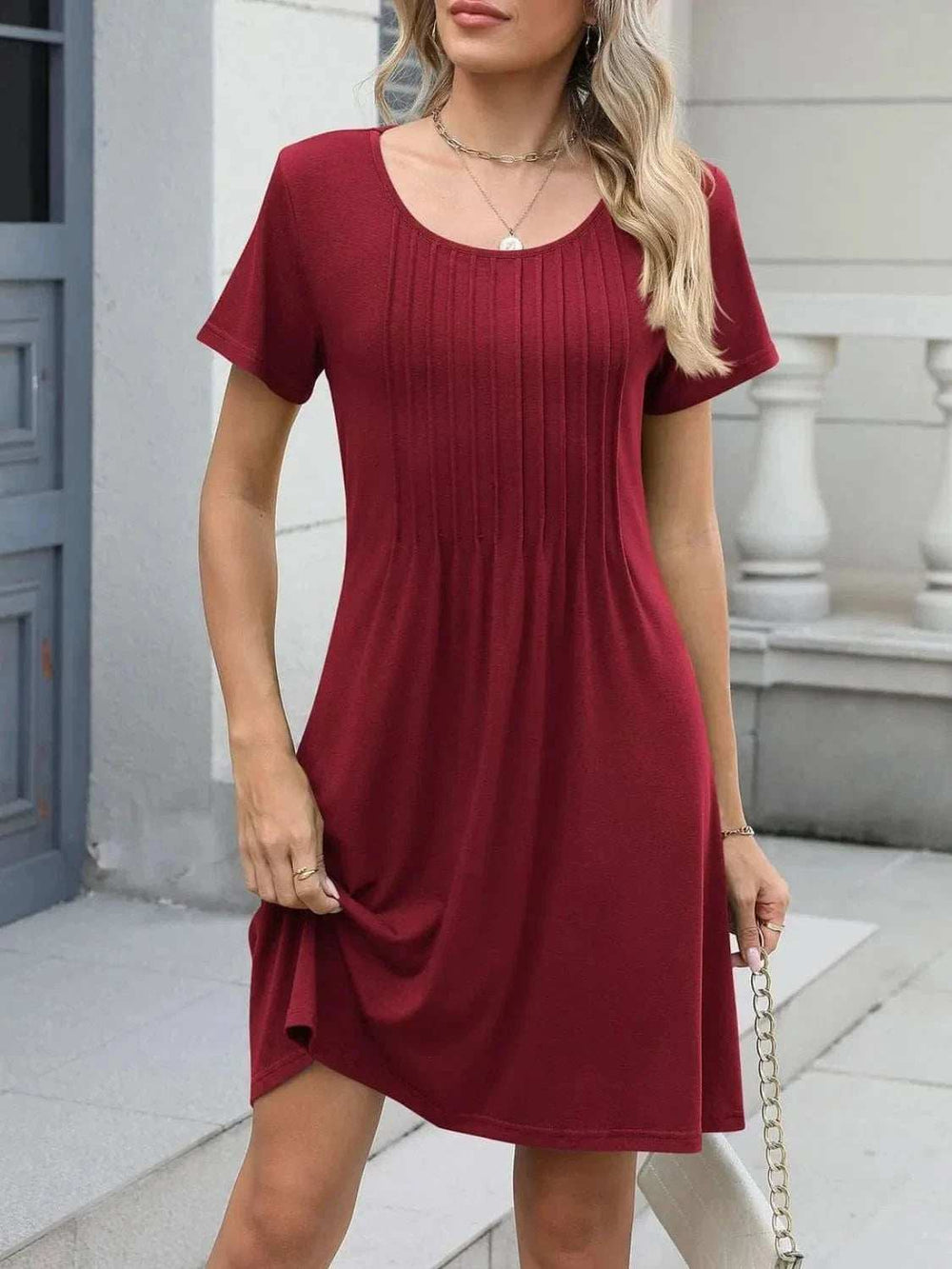 Pleated Front Round Neck Swing Dress - Trendsi - Flyclothing LLC