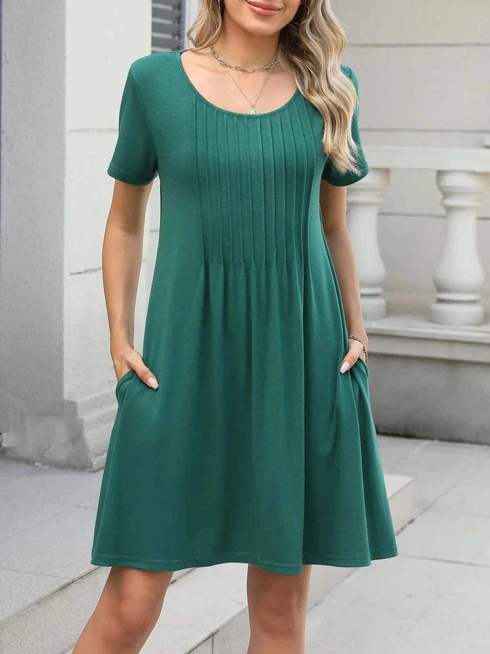 Pleated Front Round Neck Swing Dress - Trendsi - Flyclothing LLC