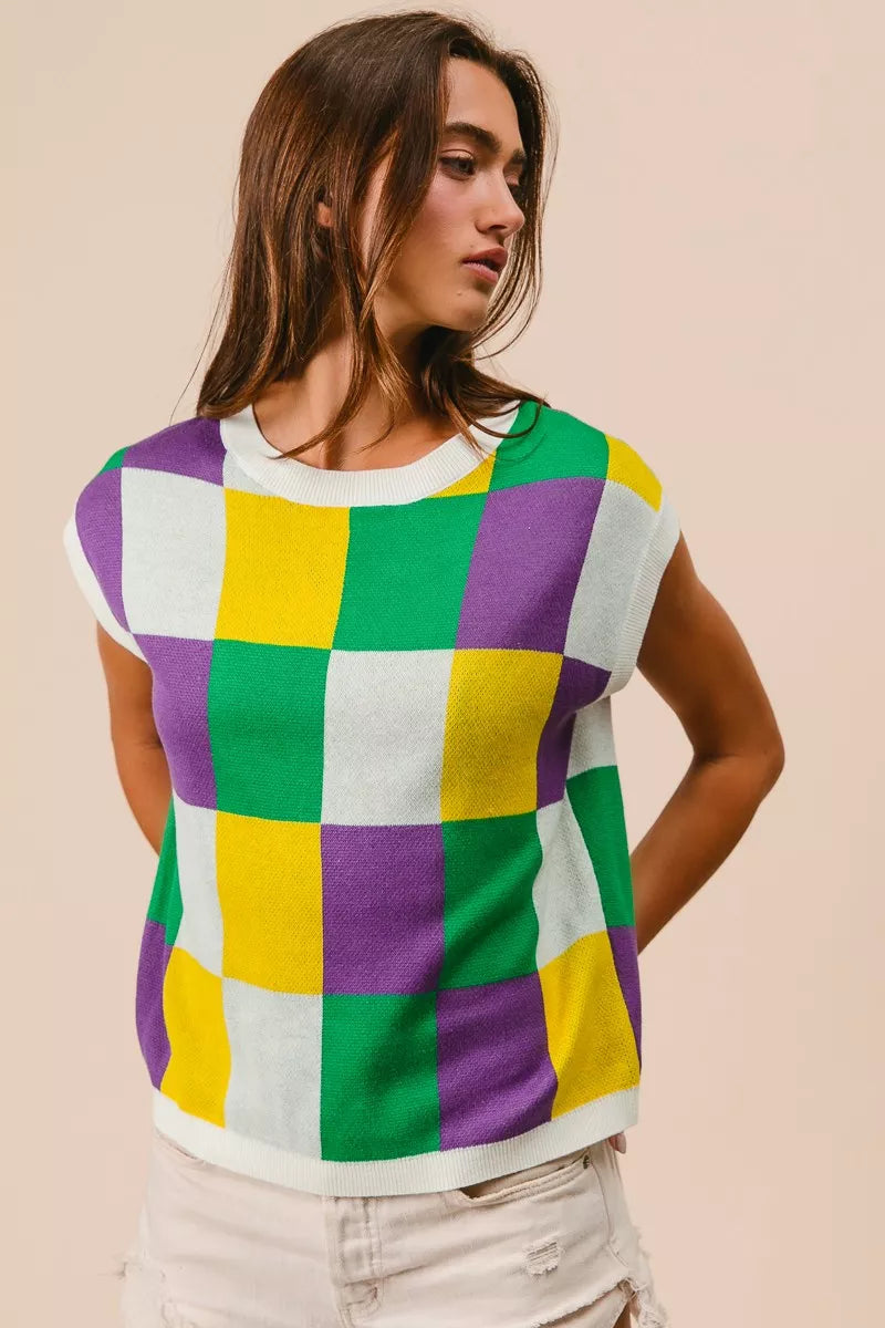 BiBi Mardi Gras Checker Pattern Sleeveless Sweater Top - Trendsi - Flyclothing LLC