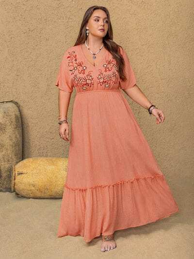 Plus Size Frill Embroidered V-Neck Half Sleeve Maxi Dress - Trendsi - Flyclothing LLC