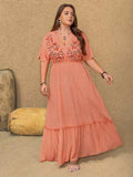 Plus Size Frill Embroidered V-Neck Half Sleeve Maxi Dress - Trendsi - Flyclothing LLC