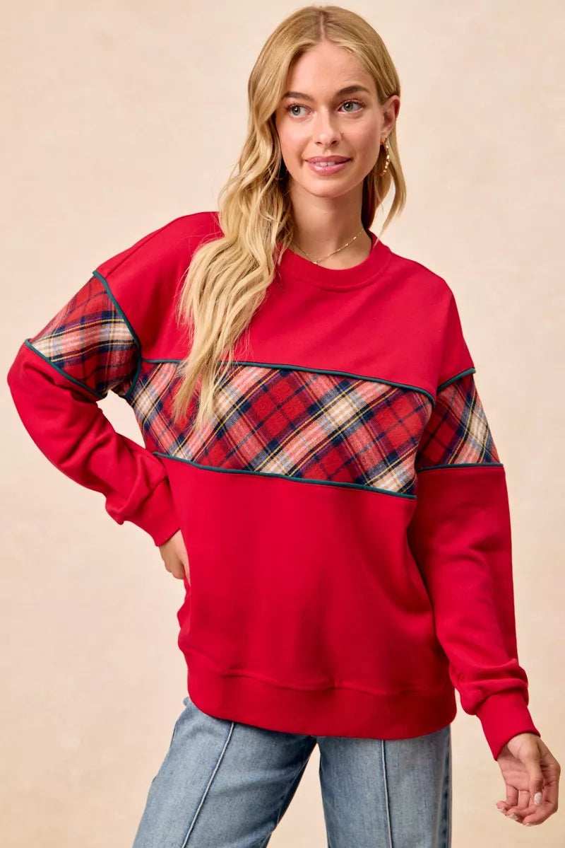 BiBi Christmas Theme Plaid Block Sweatshirt with Binding - Trendsi - Flyclothing LLC