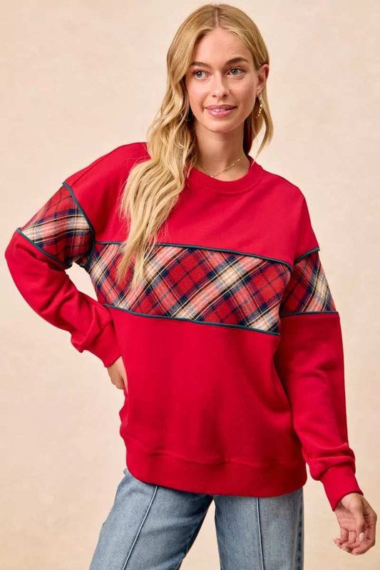 BiBi Christmas Theme Plaid Block Sweatshirt with Binding - Trendsi - Flyclothing LLC