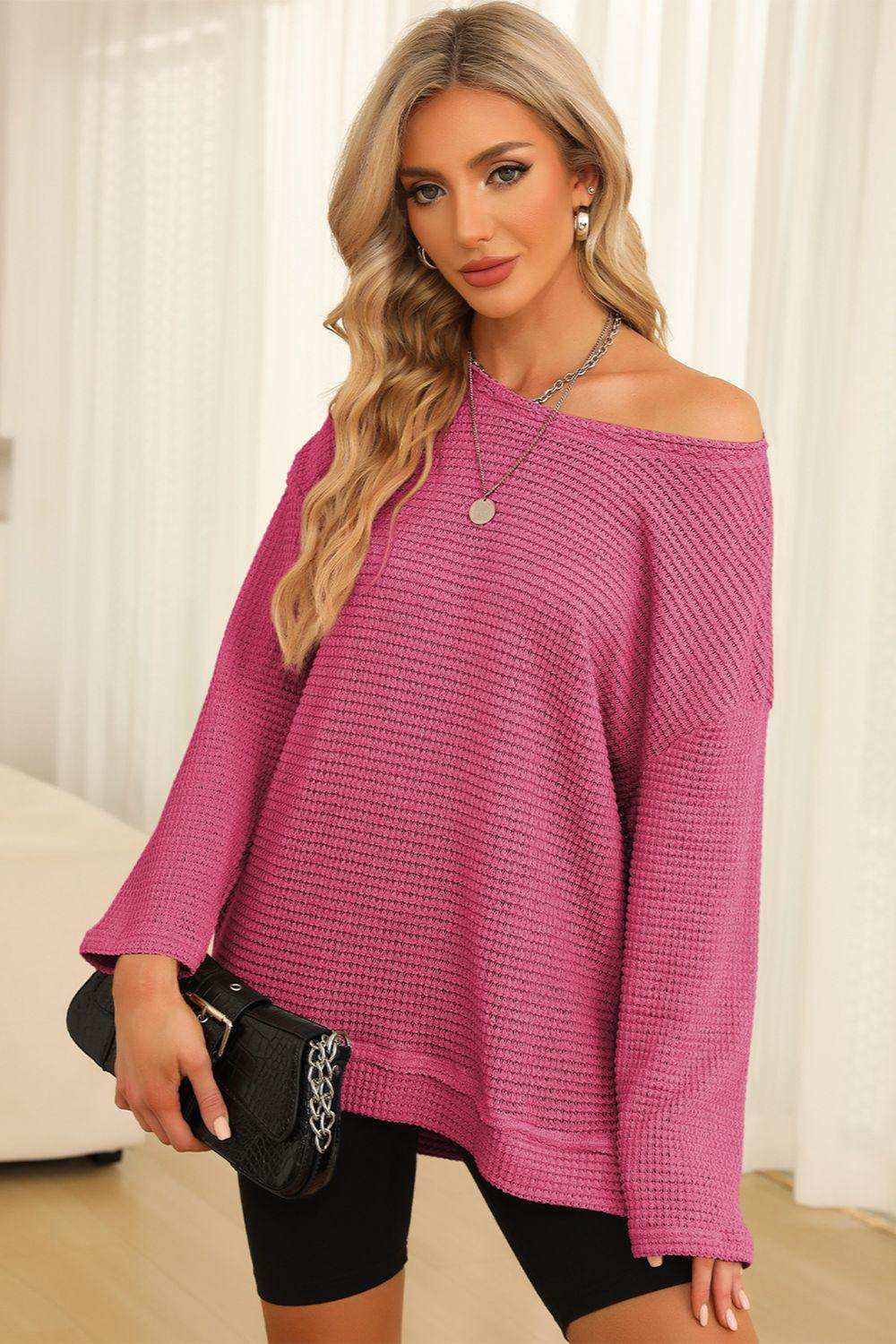 Waffle-Knit Round Neck Long Sleeve Sweatshirt - Trendsi - Flyclothing LLC