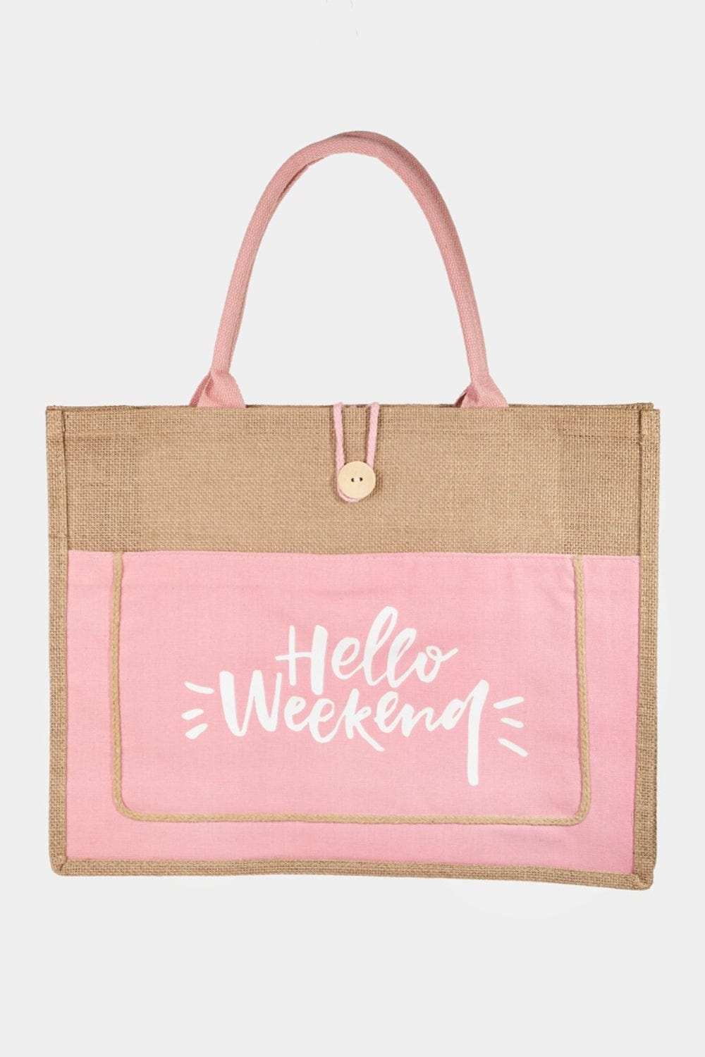 Fame Hello Weekend Burlap Tote Bag - Trendsi - Flyclothing LLC
