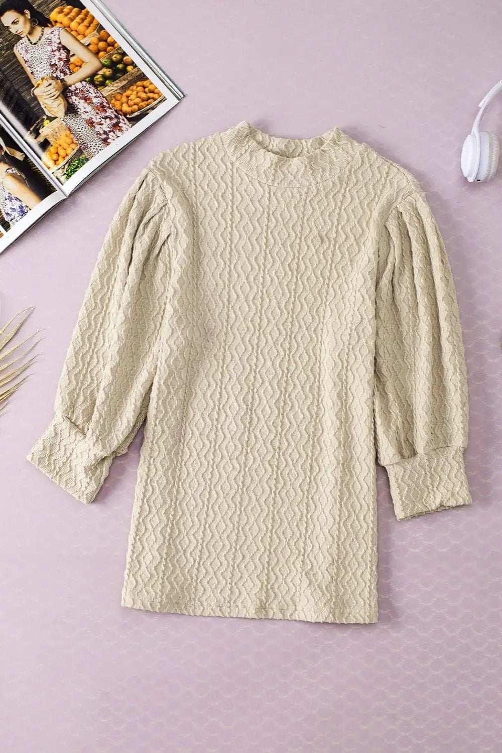 Textured Mock Neck Three-Quarter Sleeve Top - Trendsi - Flyclothing LLC