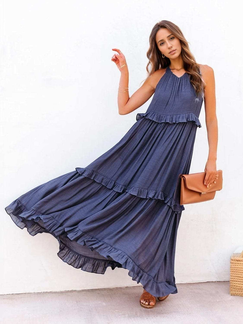 Ruffled Sleeveless Tiered Maxi Dress with Pockets - Trendsi - Flyclothing LLC