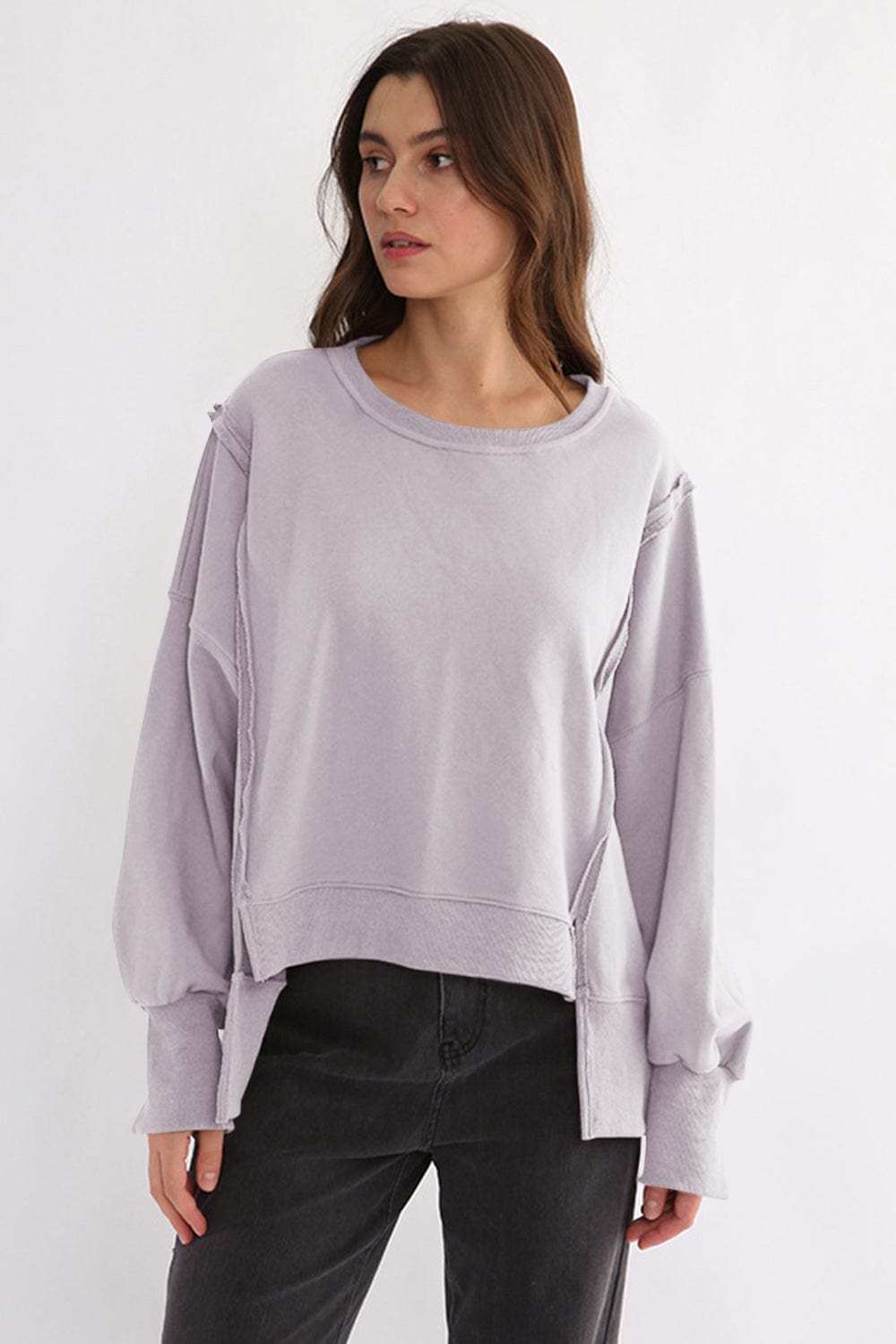 Exposed Seam High-Low Long Sleeve Sweatshirt - Trendsi - Flyclothing LLC