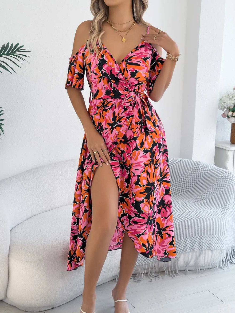 Printed Cold Shoulder Midi Cami Dress - Trendsi - Flyclothing LLC