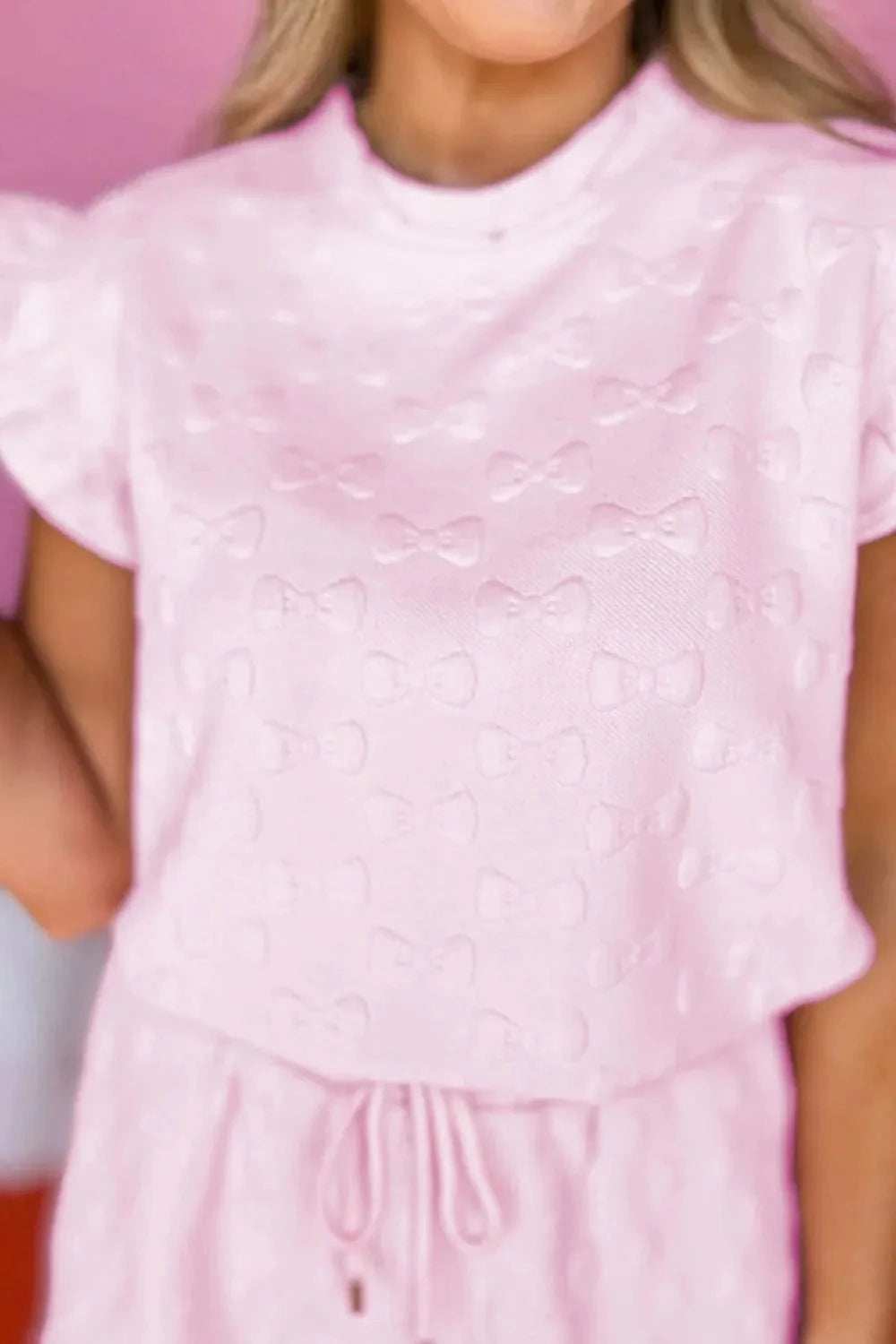 Bow Jacquard Ruffle Cap Sleeve Top and Shorts Set - Trendsi - Flyclothing LLC