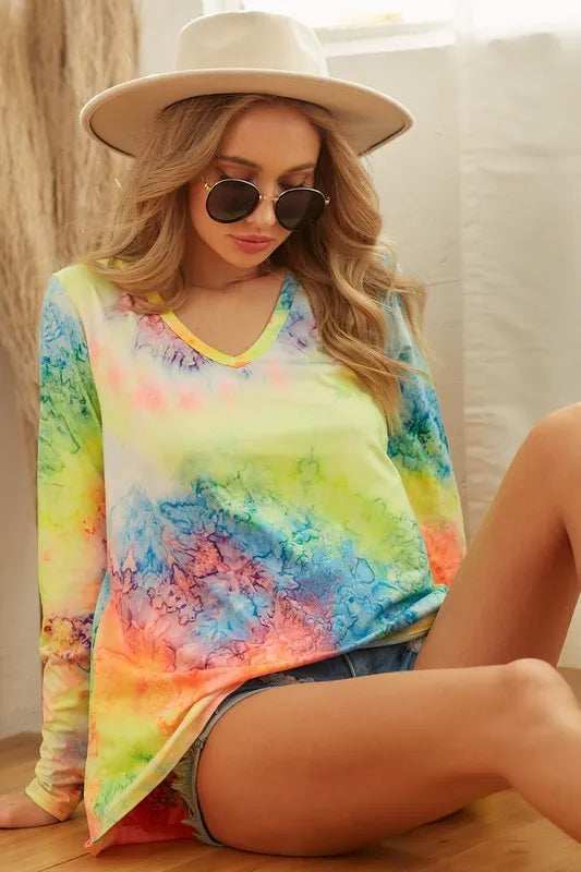 BiBi Tie Dye Long Sleeve V-Neck T-Shirt - Trendsi - Flyclothing LLC