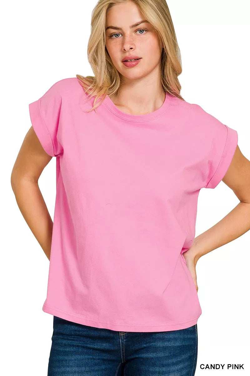 Zenana Round Neck Folded Short Sleeve T-Shirt - Trendsi - Flyclothing LLC