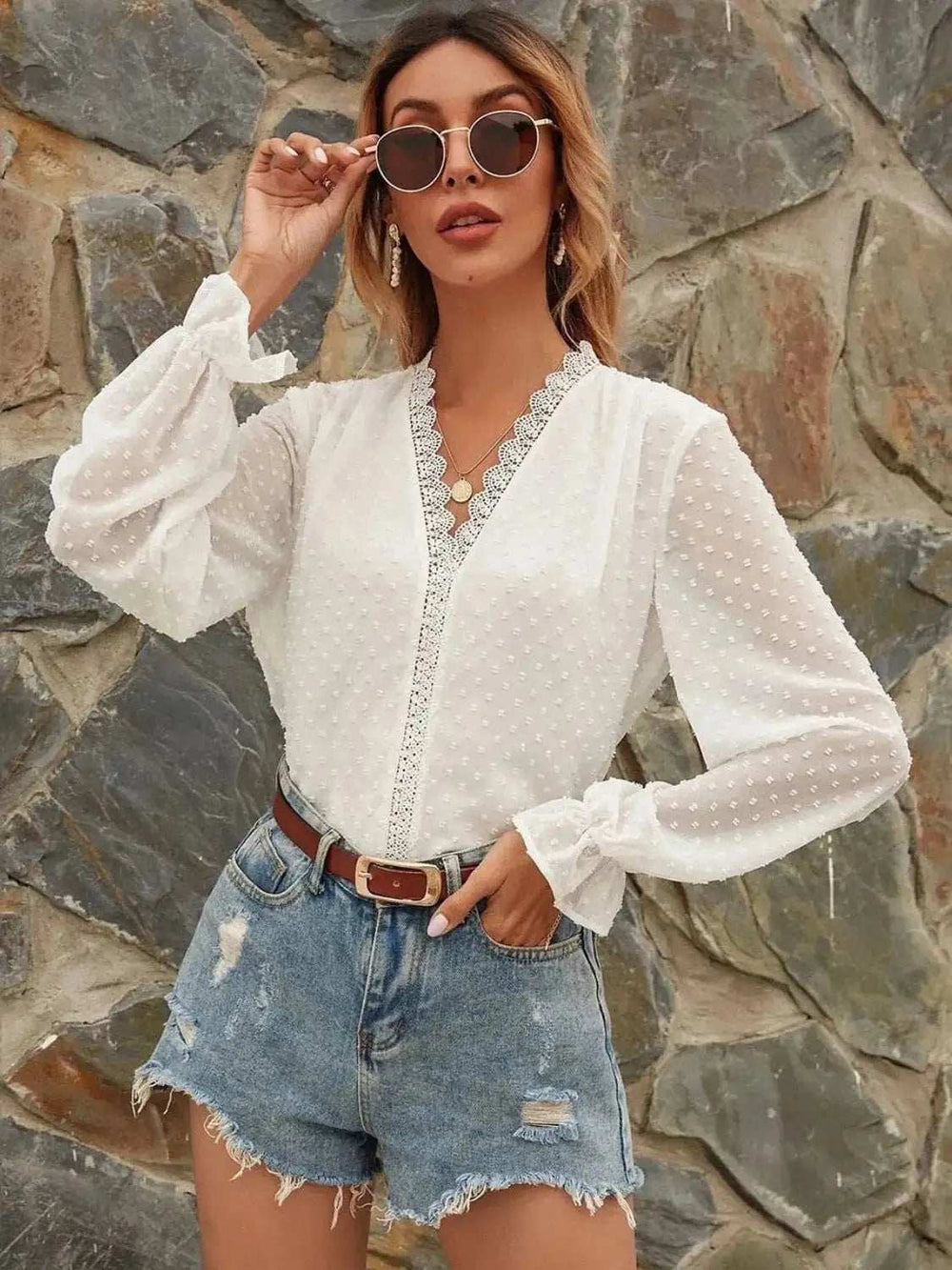 Lace Detail V-Neck Swiss Dot Blouse - Trendsi - Flyclothing LLC
