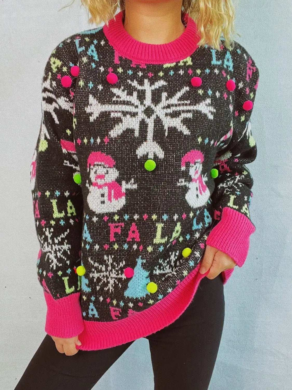 Snowman Contrast Trim Round Neck Sweater - Trendsi - Flyclothing LLC