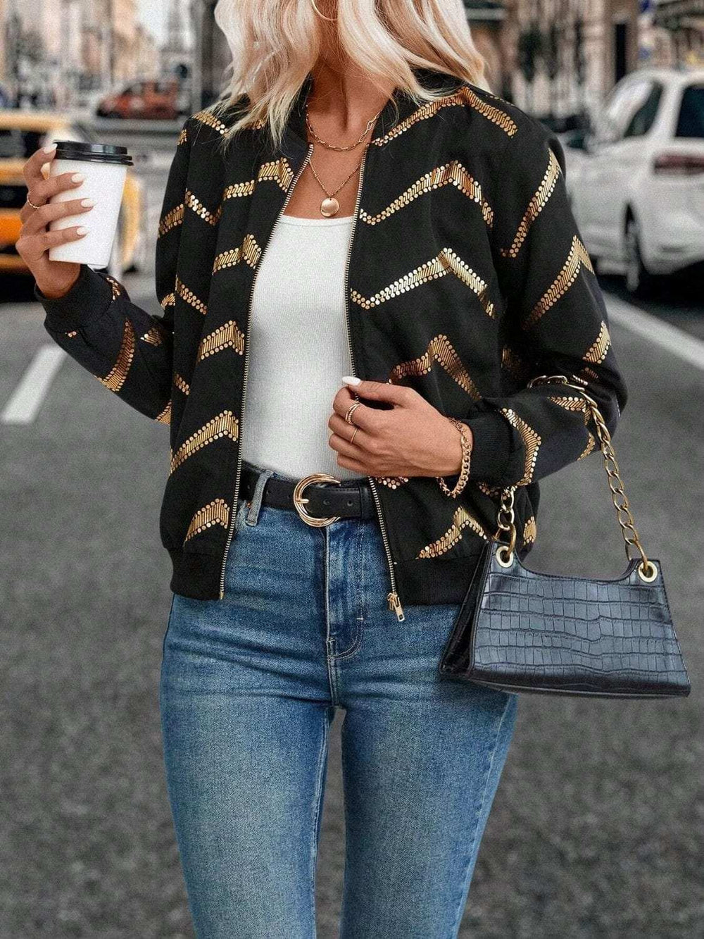 Printed Baseball Collar Zip Up Jacket - Trendsi - Flyclothing LLC