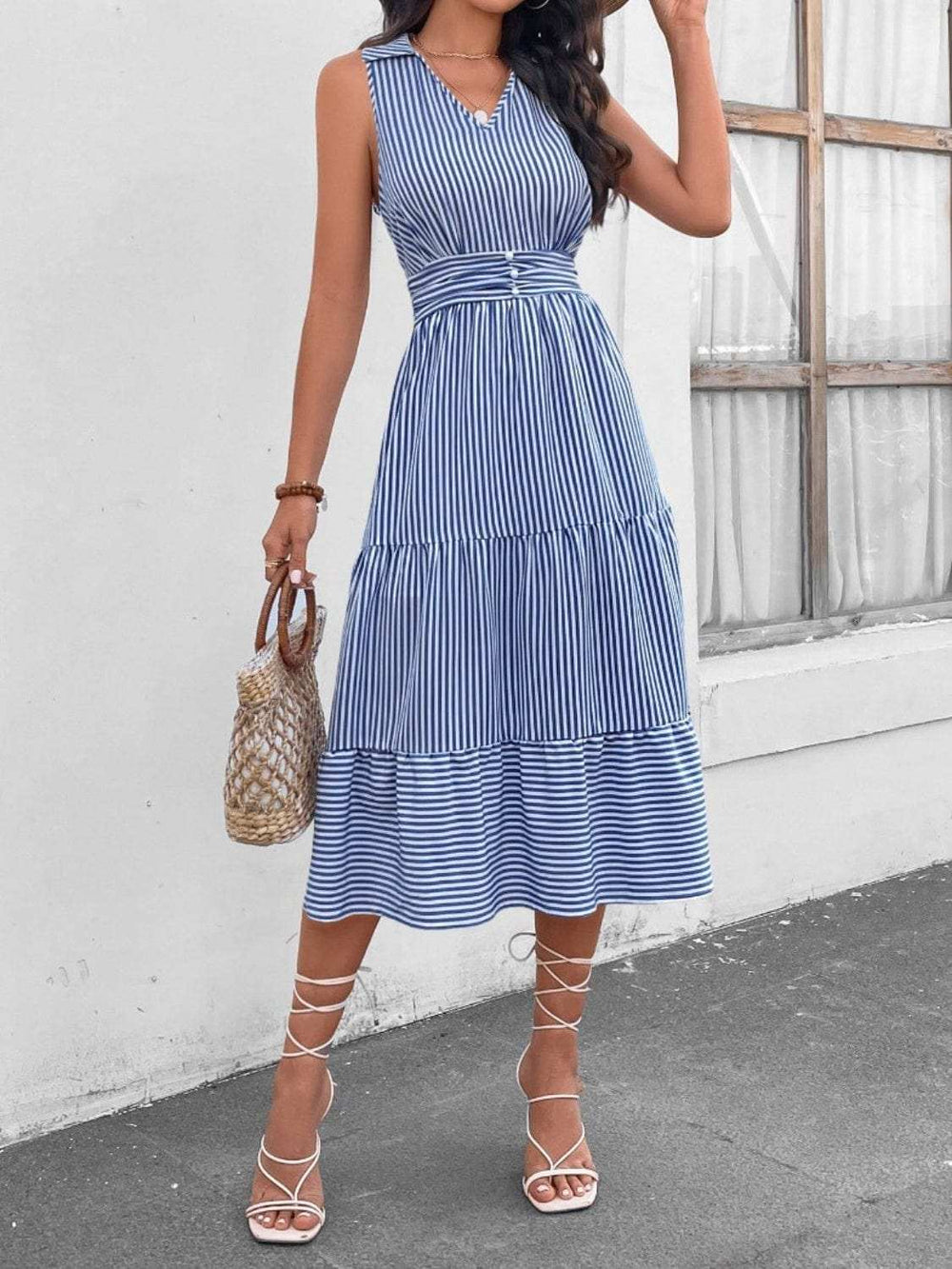 Striped Johnny Collar Sleeveless Midi Dress - Trendsi - Flyclothing LLC