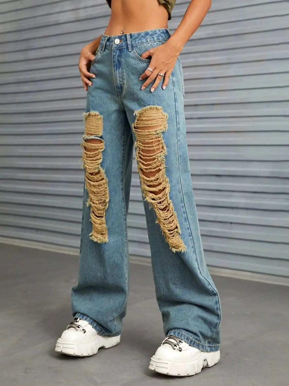Distressed Wide Leg Jeans with Pockets - Trendsi - Flyclothing LLC