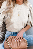 Rhinestone Pearl Detail Round Neck Puff Sleeve Top - Trendsi - Flyclothing LLC