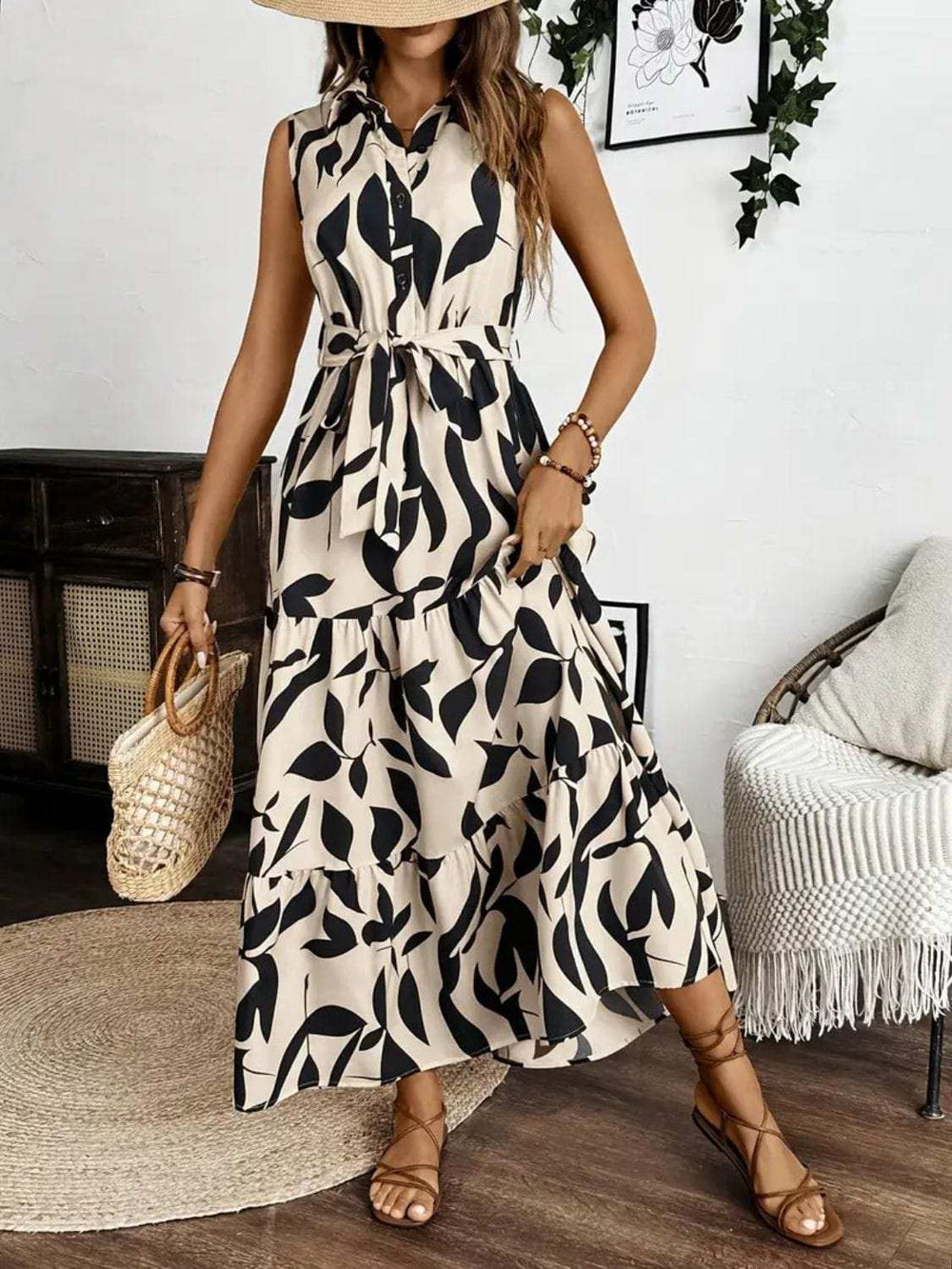 Printed Tie Waist Sleeveless Maxi Dress - Trendsi - Flyclothing LLC