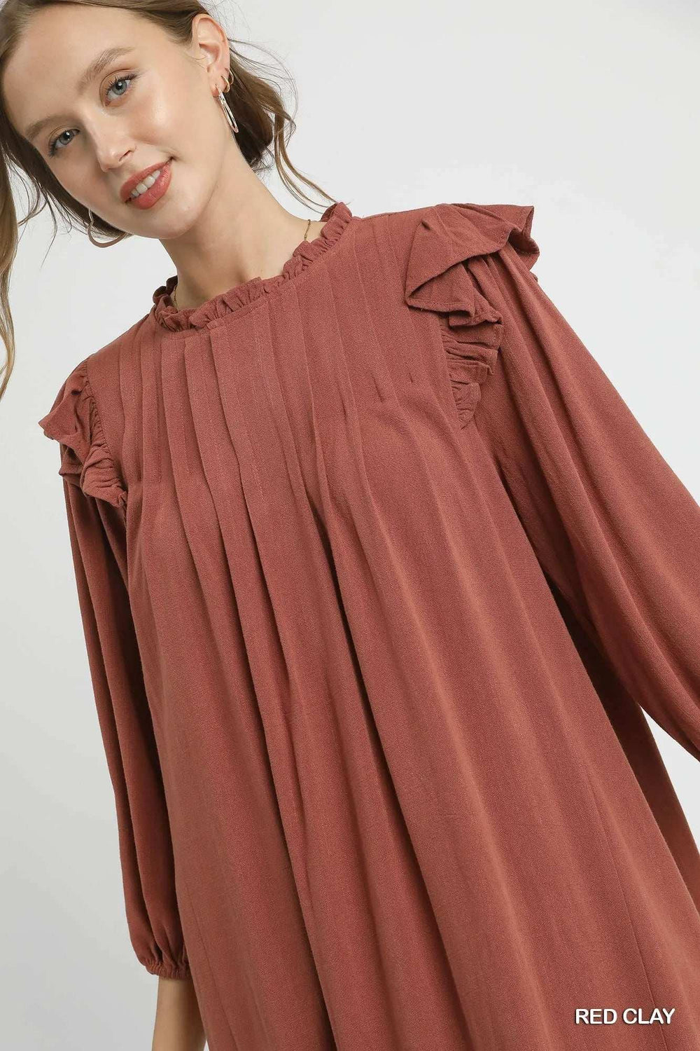 Umgee Linen Ruffle Shoulder Pleated Babydoll Dress - Trendsi - Flyclothing LLC