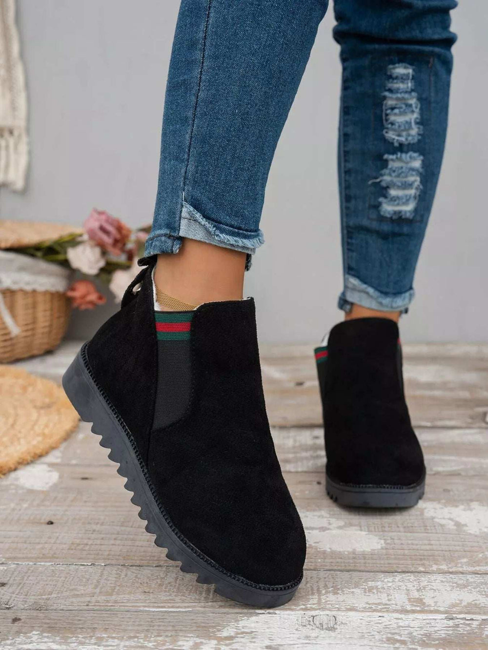 Black Suede Ankle Boots with Designer Stripe Detail - Trendsi - Flyclothing LLC