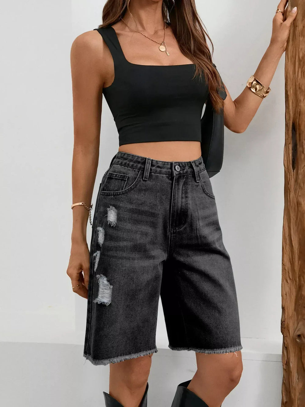 Ripped Frayed Hem Denim Shorts - Trendsi - Flyclothing LLC