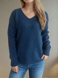 V-Neck Dropped Shoulder Long Sleeve Sweater - Trendsi - Flyclothing LLC