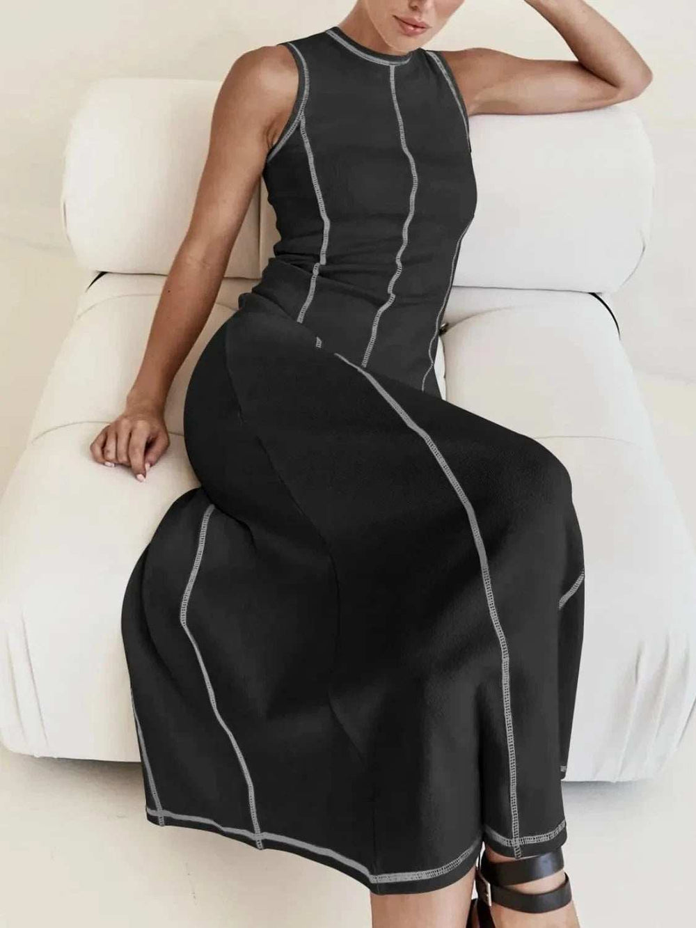 Contrast Stitching Round Neck Sleeveless Midi Dress - Trendsi - Flyclothing LLC