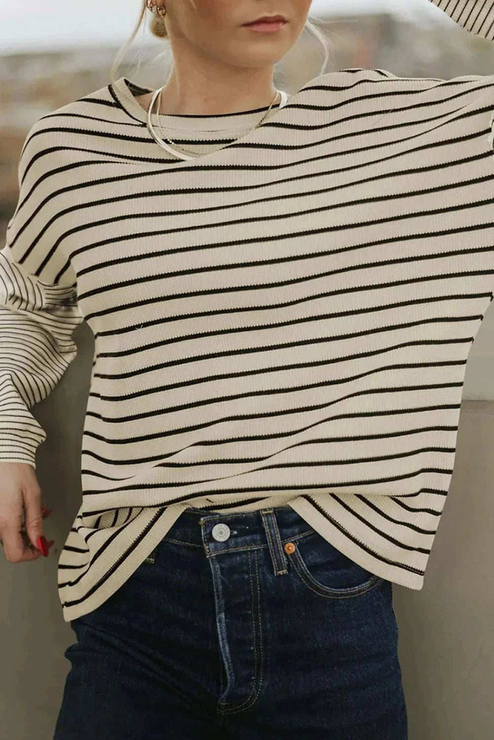 Striped Round Neck Dropped Shoulder Top - Trendsi - Flyclothing LLC