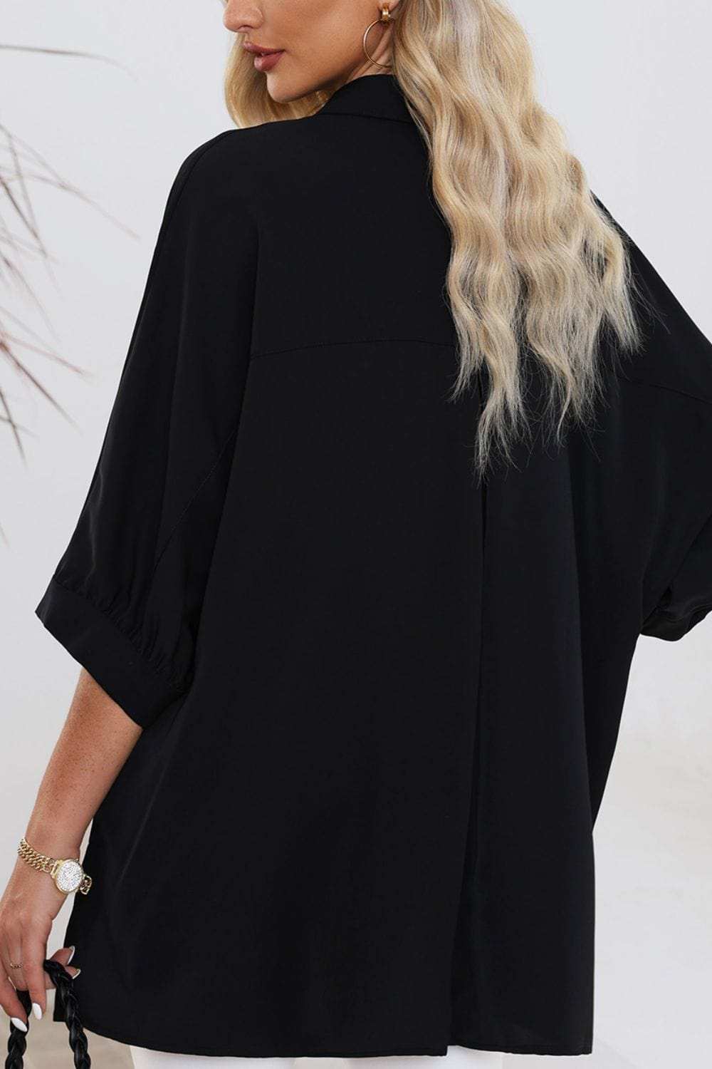 Collared Neck Three-Quarter Sleeve Shirt - Trendsi - Flyclothing LLC