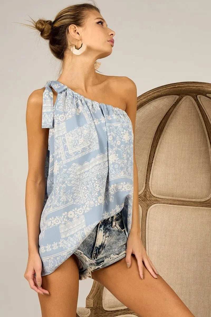 BiBi Aztec Printed Woven Tied Ribbon One Shoulder Top - Trendsi - Flyclothing LLC