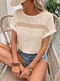Eyelet Round Neck Short Sleeve Top - Trendsi - Flyclothing LLC