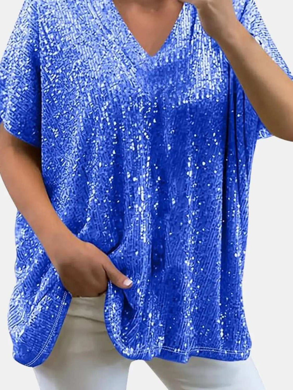 Full Size Sequin V-Neck Short Sleeve Top - Trendsi - Flyclothing LLC