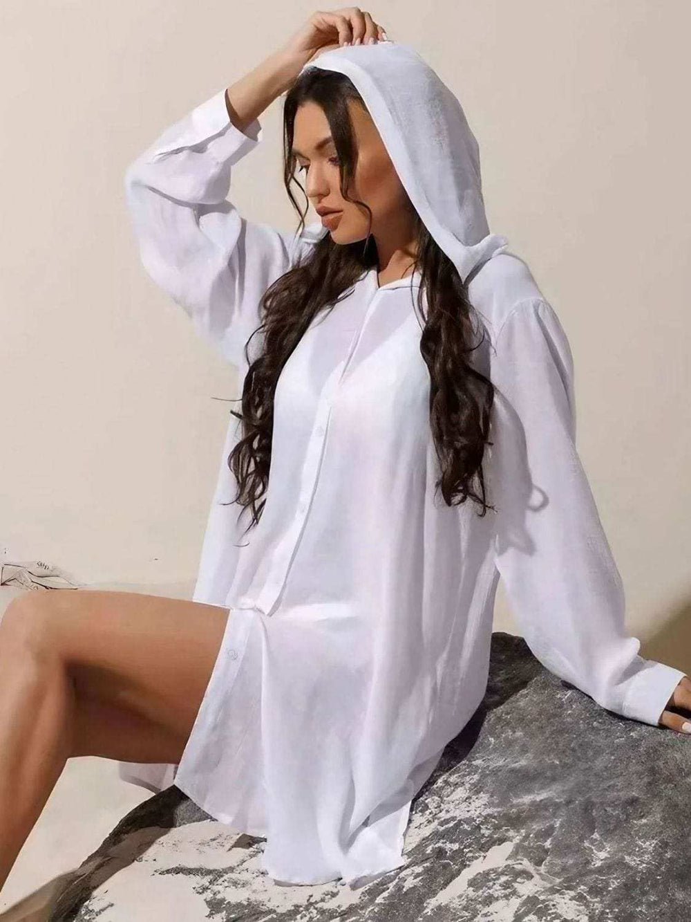 Button Down Hooded Cover-Up - Trendsi - Flyclothing LLC