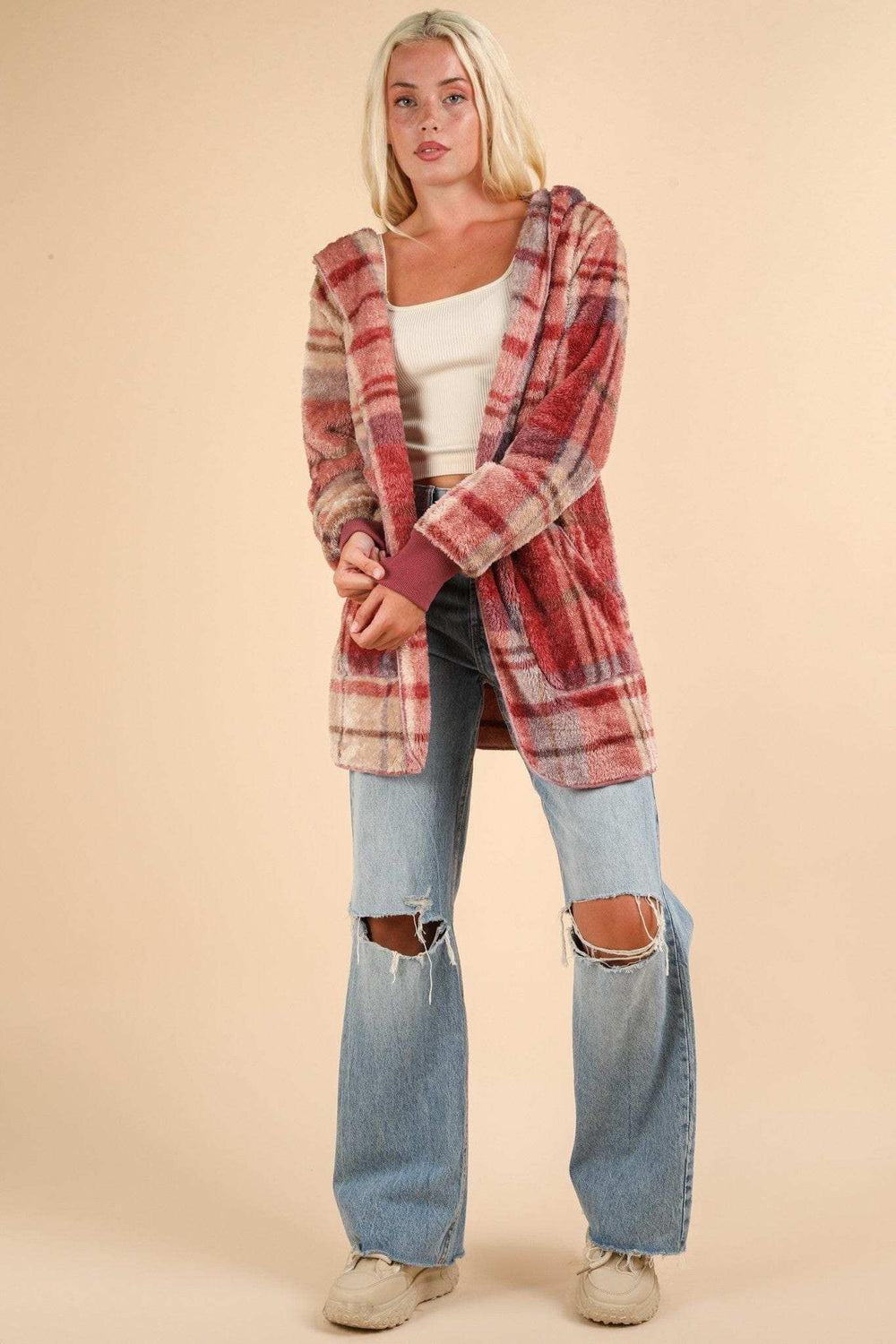 VERY J Fuzzy Plaid Long Sleeve Hooded Jacket - Trendsi - Flyclothing LLC