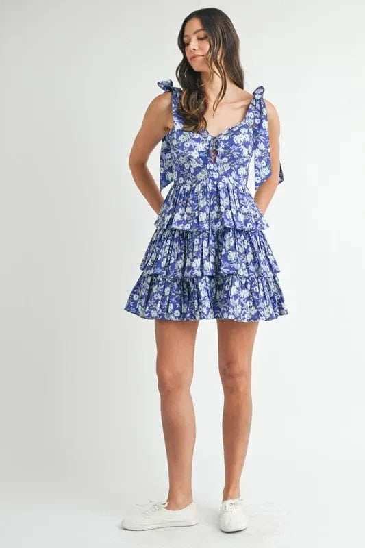 MABLE Floral Print Shoulder Tie Layered Mini Dress - Trendsi - Flyclothing LLC