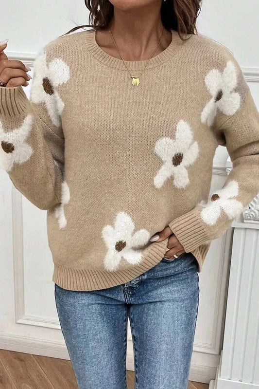 Flower Round Neck Long Sleeve Sweater - Trendsi - Flyclothing LLC