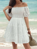 Smocked Eyelet Off-Shoulder Mini Dress - Trendsi - Flyclothing LLC
