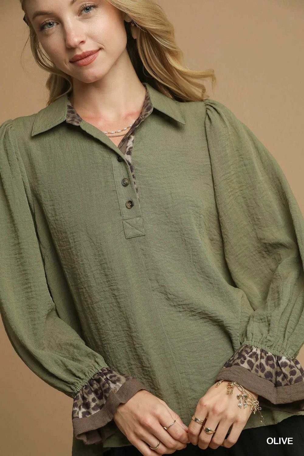Umgee Half Button Blouse with Leopard Print Trim - Trendsi - Flyclothing LLC