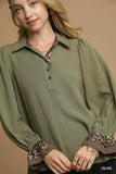 Umgee Half Button Blouse with Leopard Print Trim - Trendsi - Flyclothing LLC