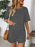 Striped Round Neck Short Sleeve Top and Shorts Set - Trendsi - Flyclothing LLC