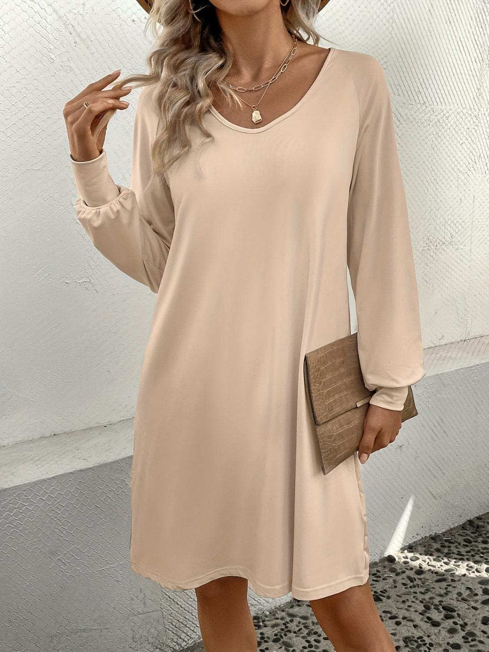 V-Neck Raglan Sleeve Knee Length Dress - Trendsi - Flyclothing LLC