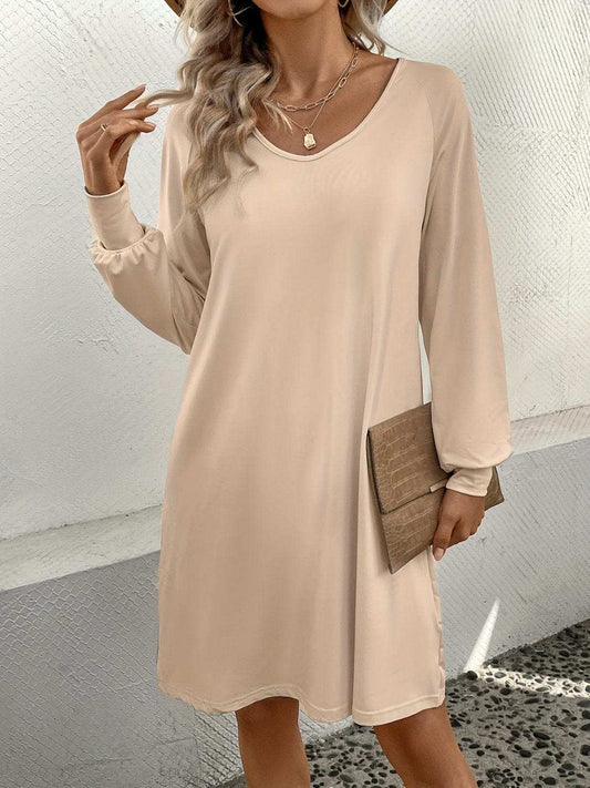 V-Neck Raglan Sleeve Knee Length Dress - Trendsi - Flyclothing LLC