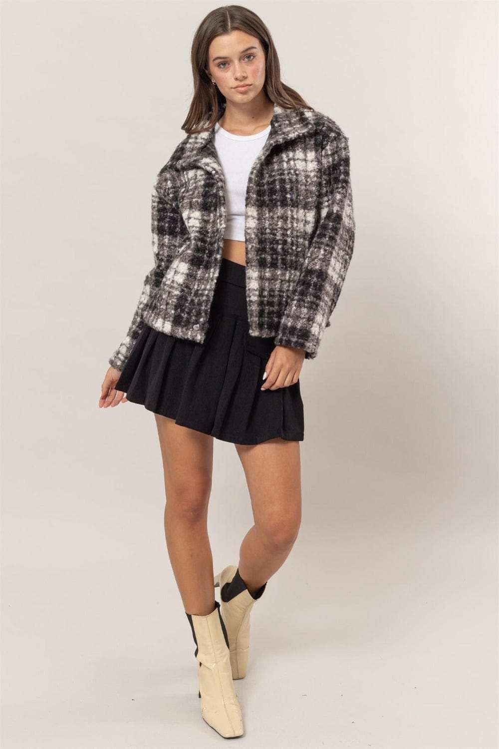 HYFVE Plaid Collared Neck Boucle Jacket with Pockets - Trendsi - Flyclothing LLC