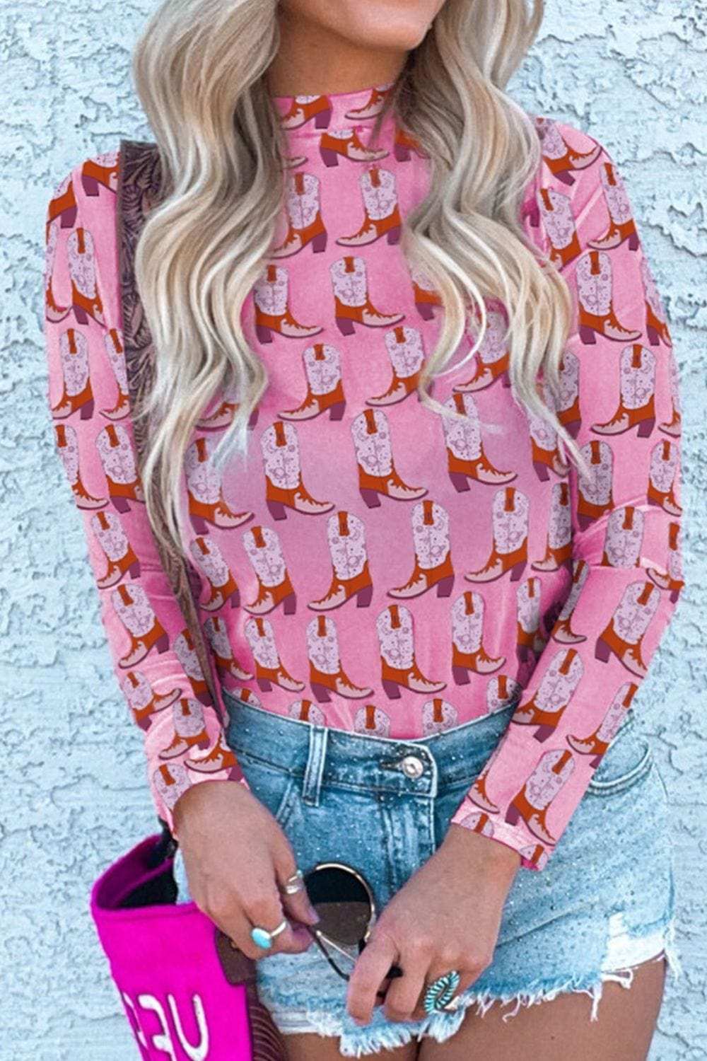 Cowgirl Boots Printed Mock Neck Long Sleeve Mesh Top - Trendsi - Flyclothing LLC