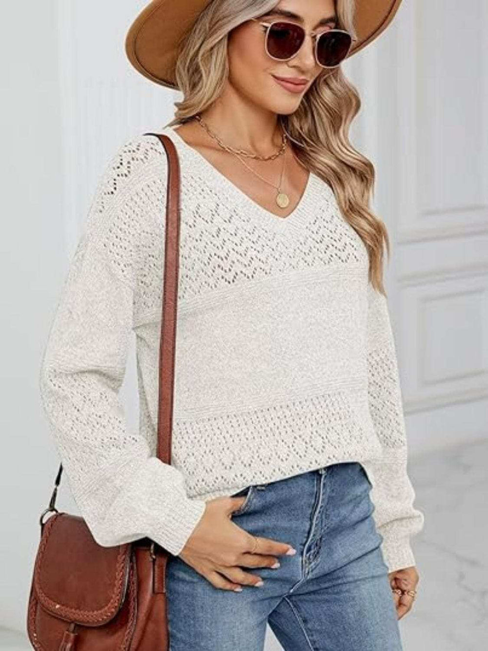 Eyelet V-Neck Long Sleeve Sweater - Trendsi - Flyclothing LLC