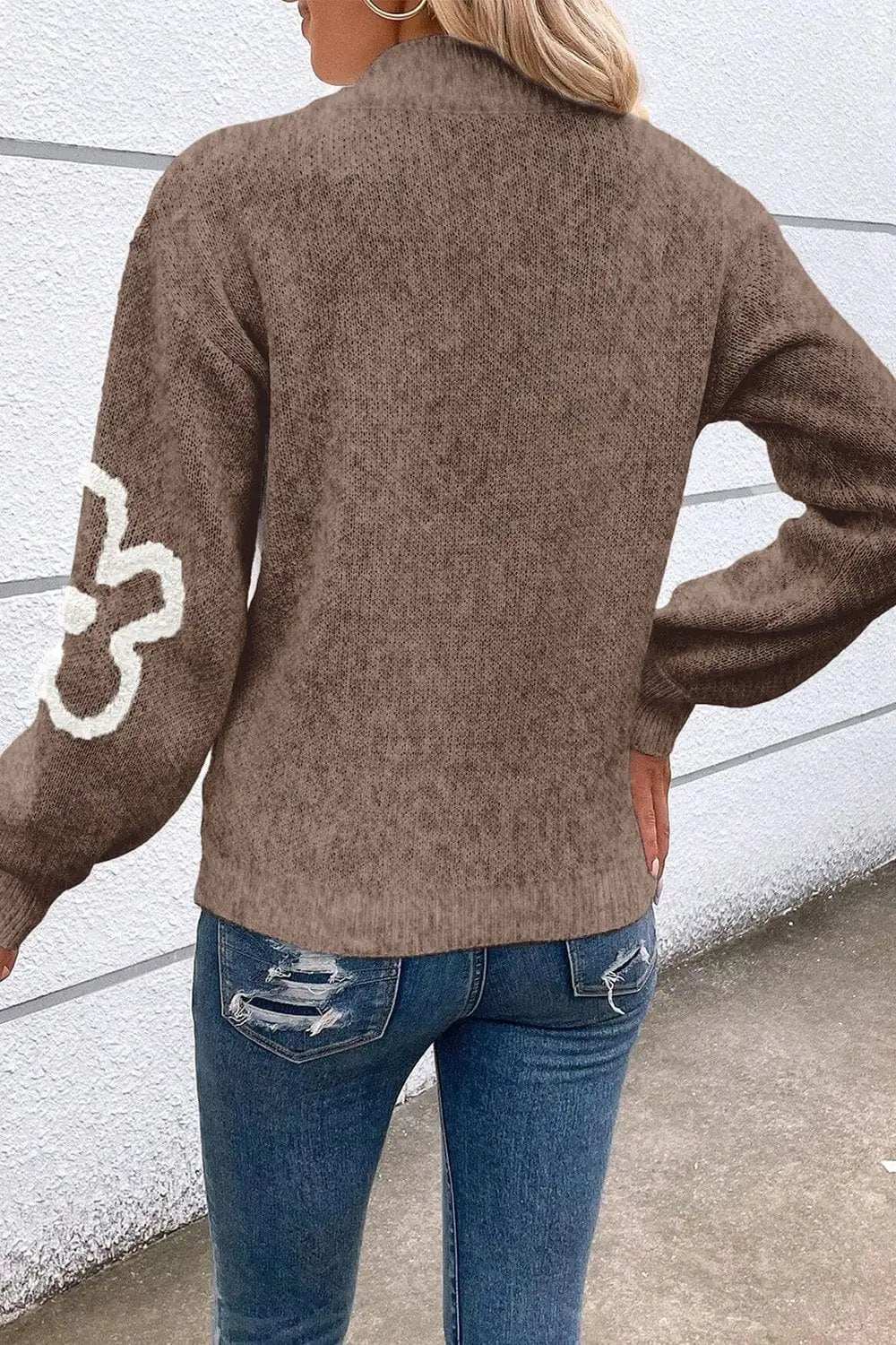 Flower Half Zip Dropped Shoulder Sweater - Trendsi - Flyclothing LLC