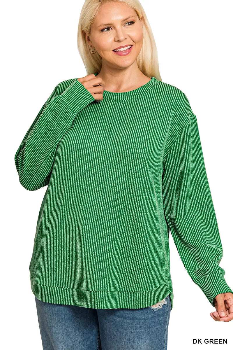 Zenana Full Size Raised Rib Round Neck Long Sleeve Top Plus Size - Trendsi - Flyclothing LLC