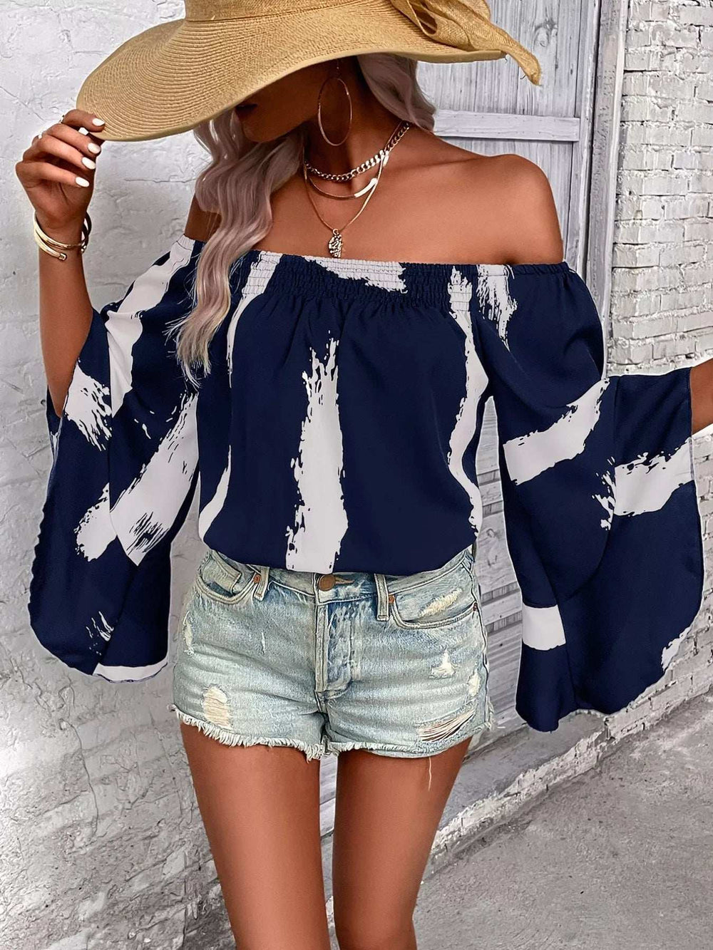 Off Shoulder Bell Sleeve Blouse - Trendsi - Flyclothing LLC